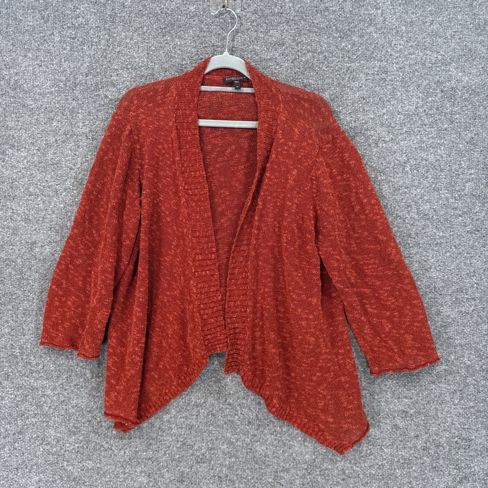 Eileen Fisher Cardigan Sweater Womens 1X Orange Cropped Linen Blend Open Front